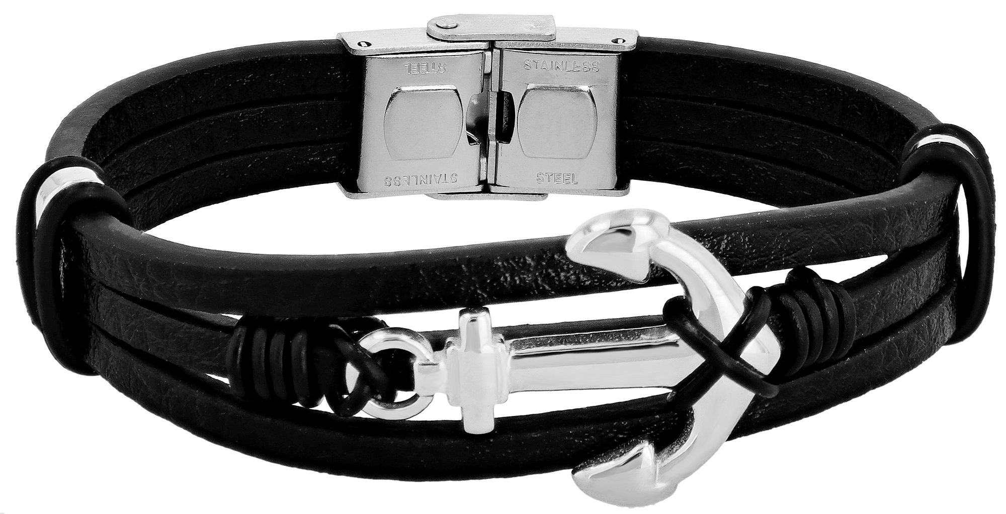 "Baltur", Akzent Lederarmband, Edelstahl Anker, schwarz/silberfarben, 22 cm