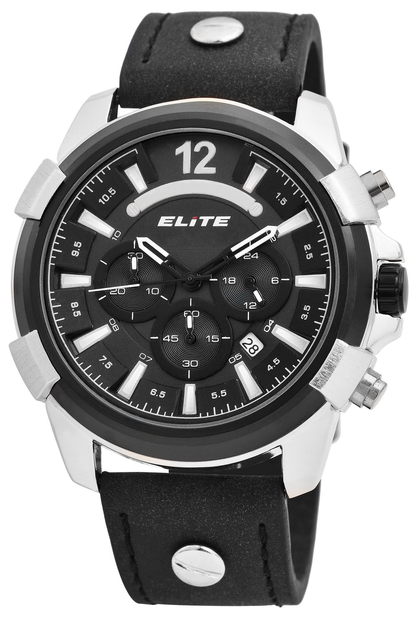 Elite Herren Chronograph mit Lederimitationsband, 3ATM, Schwarz/ silberfarbig