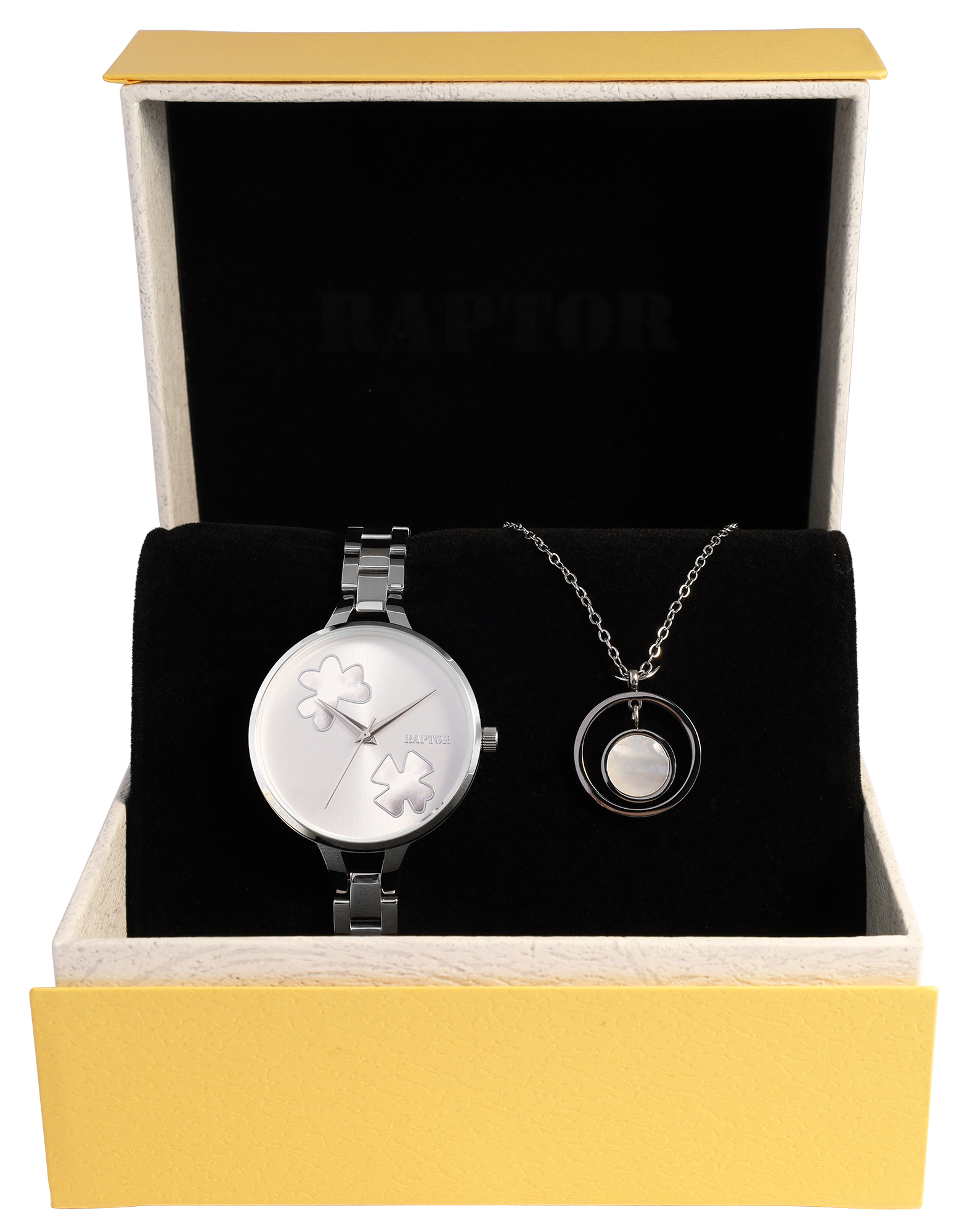 Raptor Damen Geschenkset - Damenuhr Edelstahlband mit Edelstahlkette 45 cm & Anhänger