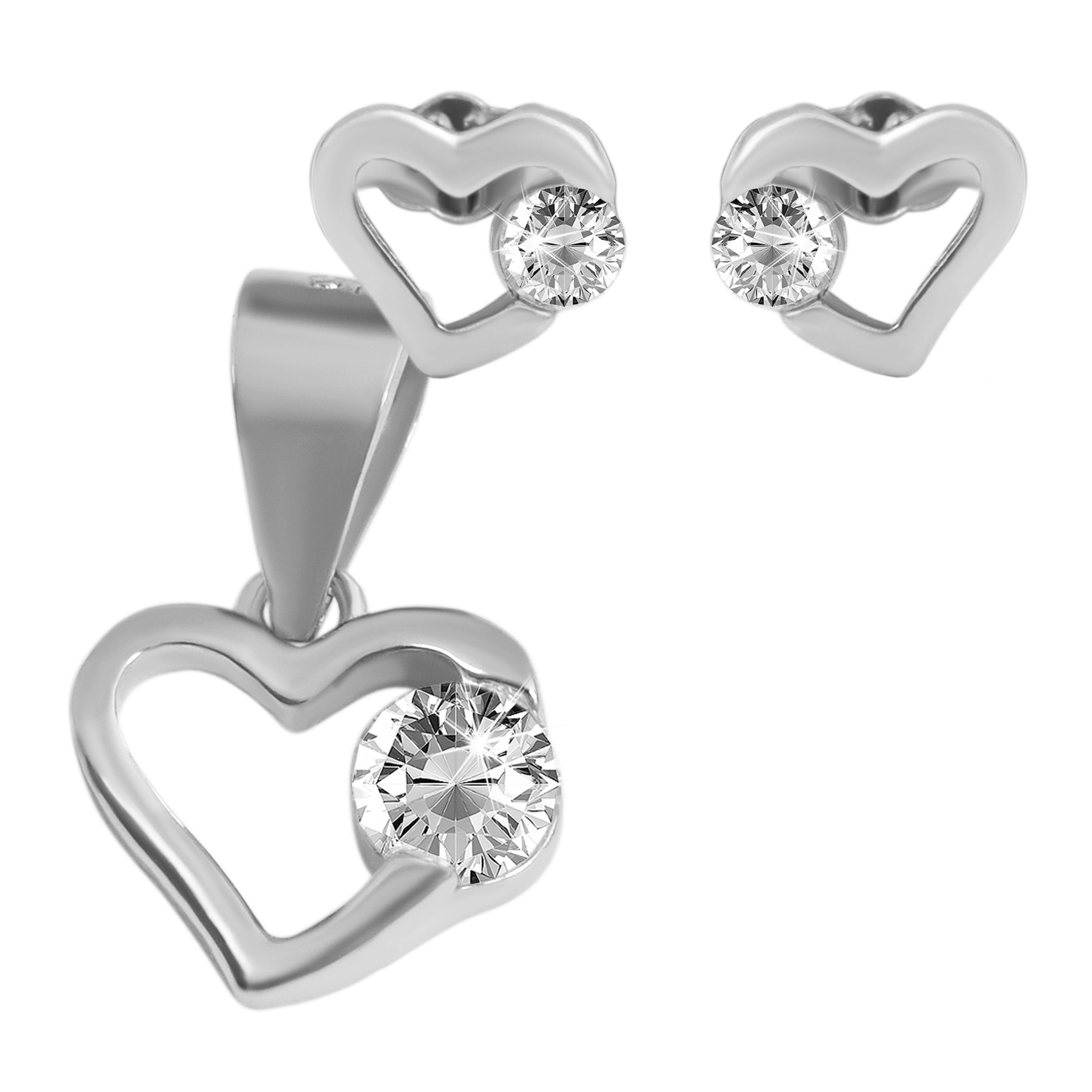 "Kiona" 925/- Echt Silber Schmuckset Herz, Ohrstecker/ Anhänger, Zikon, rhodiniert