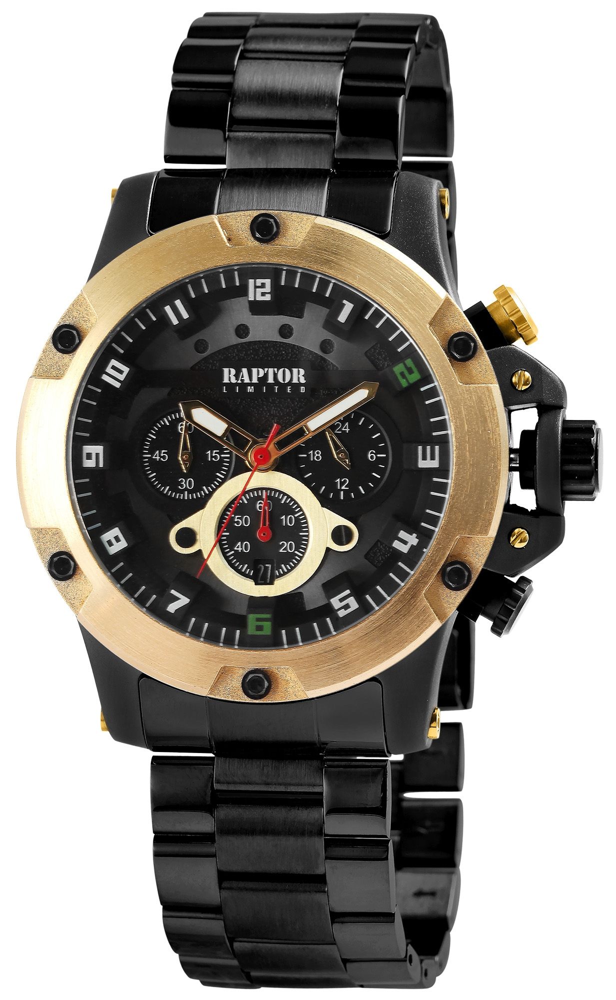 Raptor Limited herenchronograaf "Soheib" met roestvrijstalen armband, zwart/goudkleurig