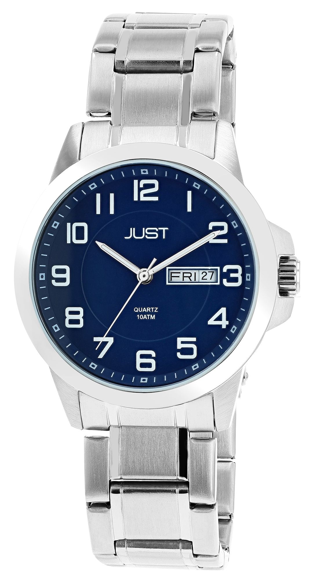 Just herenhorloge met roestvrijstalen armband, 10 ATM, zilverkleurige/blauwe wijzerplaat