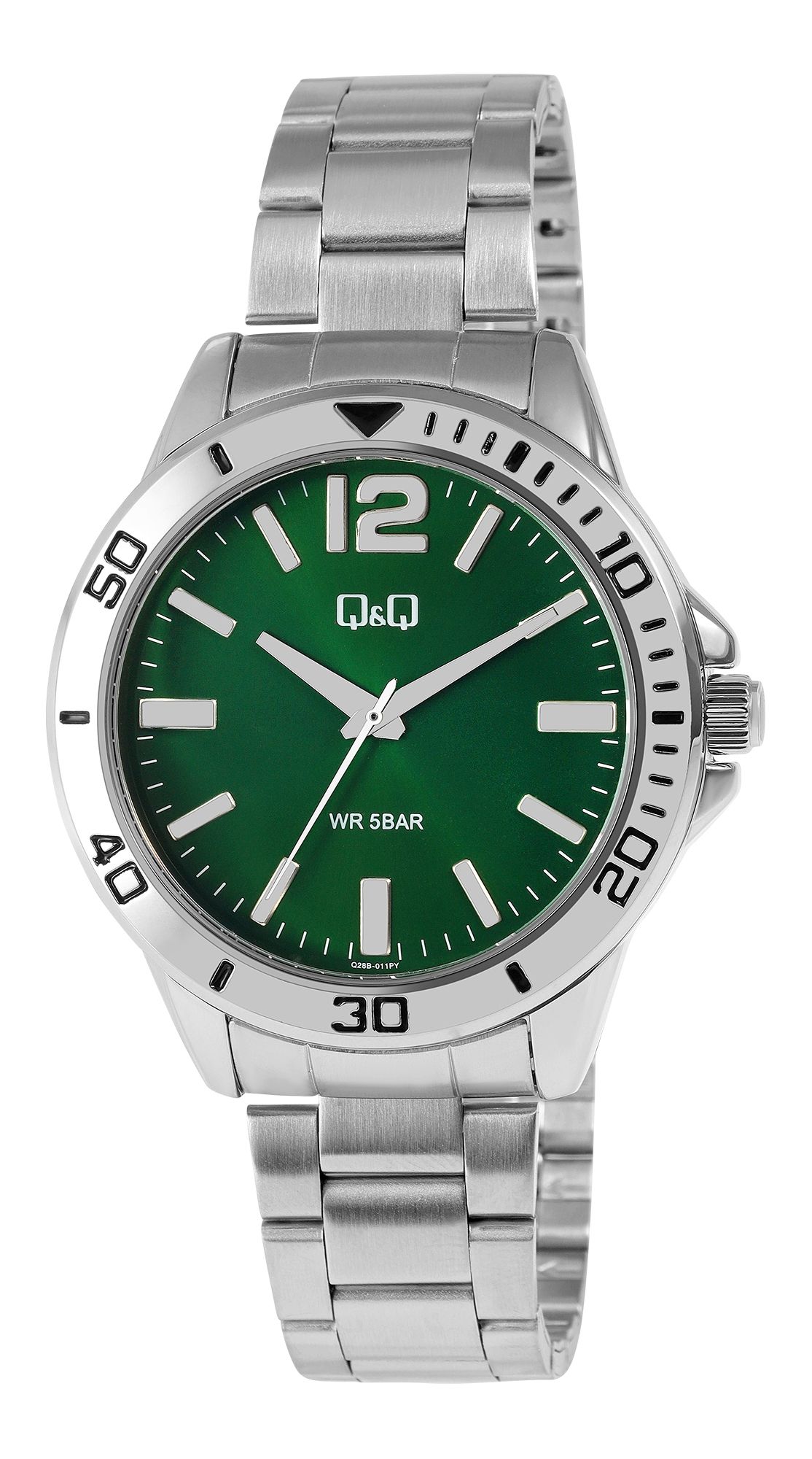 Q&Q Herrenuhr, Edelstahlarmband, silberfarben/grün, 5 ATM, Ø 44 mm