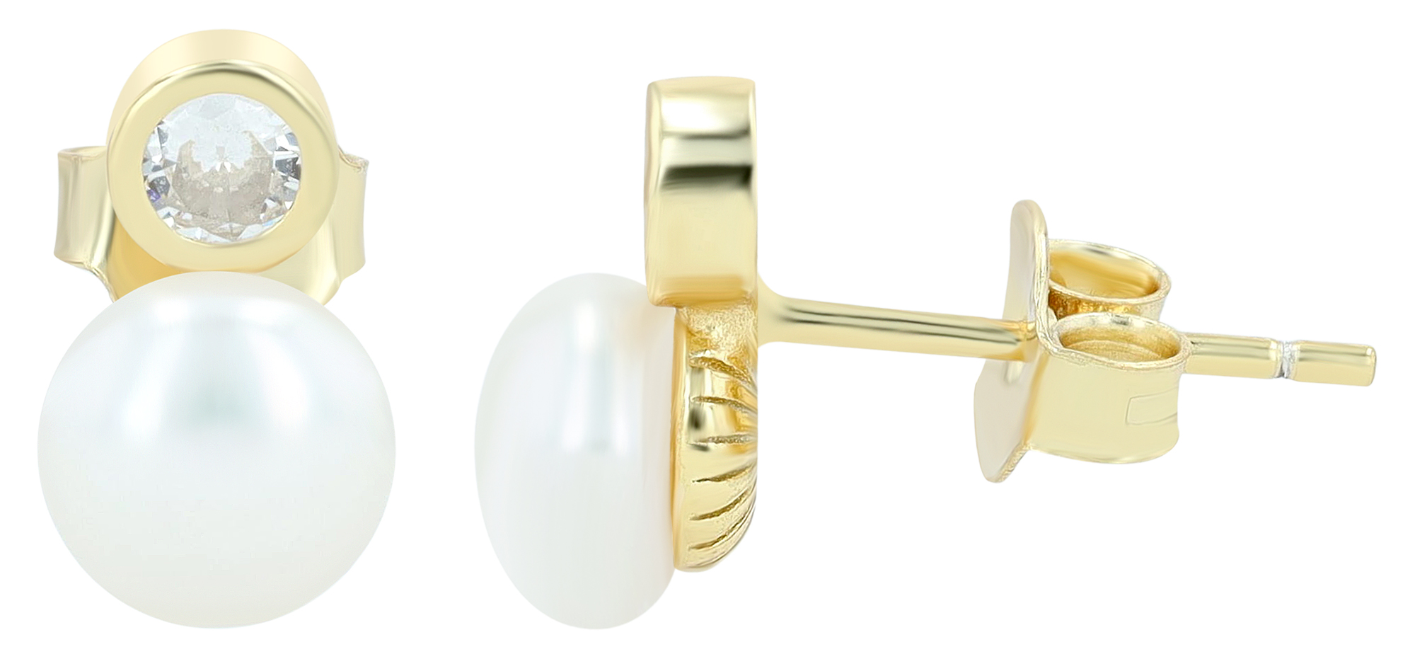 "Arbi" 925/- echt zilveren oorbellen, echte zoetwaterparel Ø 6 mm, zirkonia, verguld