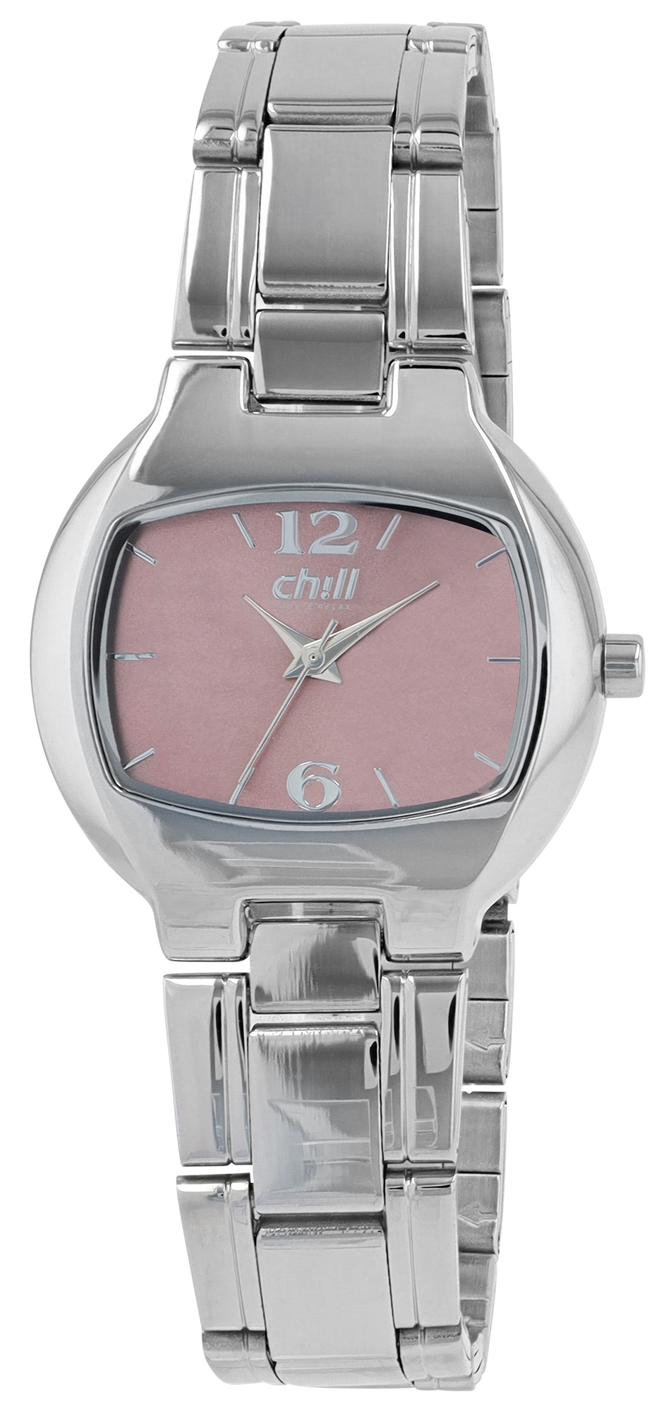 Chill, dameshorloge met roestvrijstalen armband, rechthoekig, zilverkleurig/roze