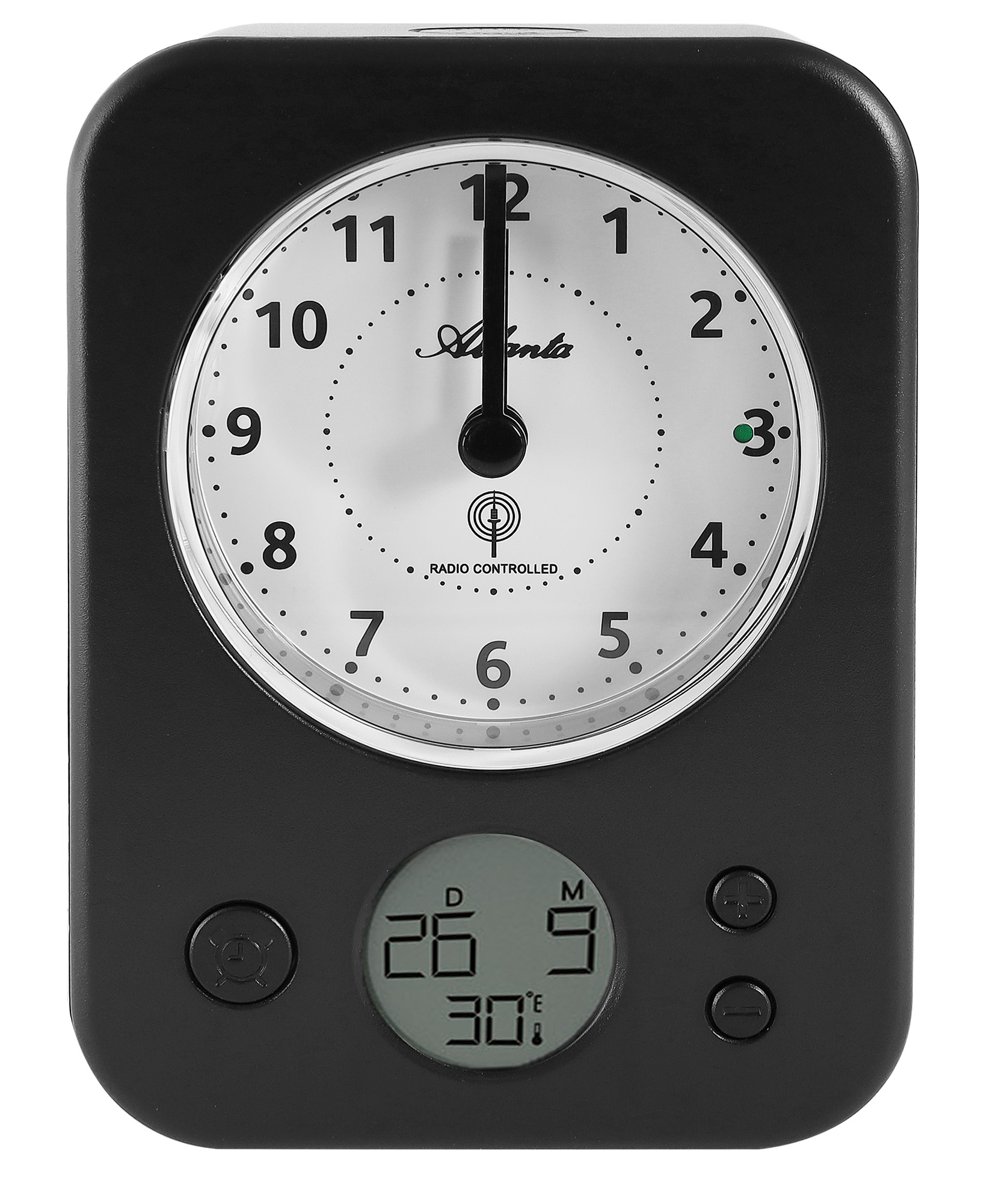 Atlanta Funkwecker, schwarz, mit Anzeige für Innentemperatur und Beleuchtung