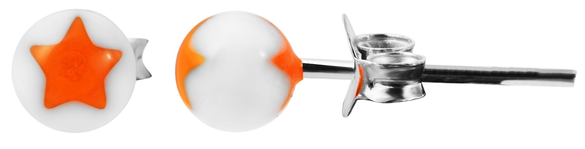 925/- Echt Silber Kinder Ohrstecker "Astrid", Perle mit Stern, weiß/orange