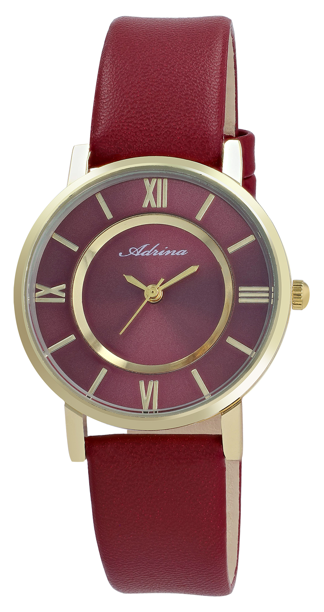 Adrina Damenuhr mit Lederimitationsband, Ø 32 mm, dunkelrot/ goldfarben