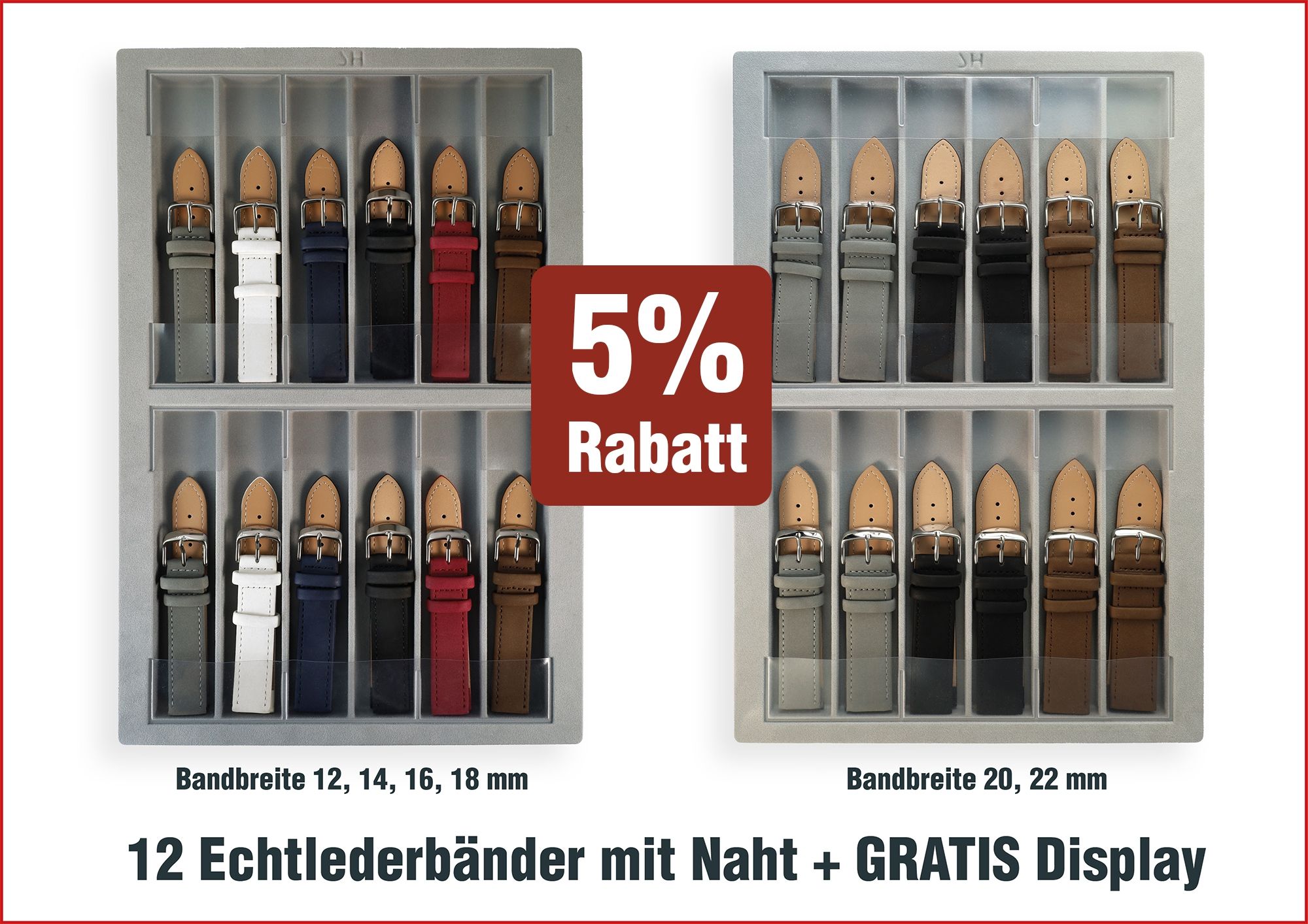 12 Stück Echt Lederbänder inkl. Display, 14 mm