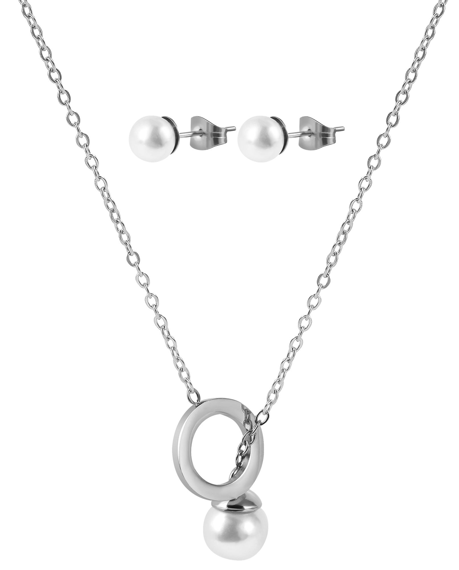 Accent sieradenset, ketting en oorstekers, roestvrij staal, parel, zilverkleurig