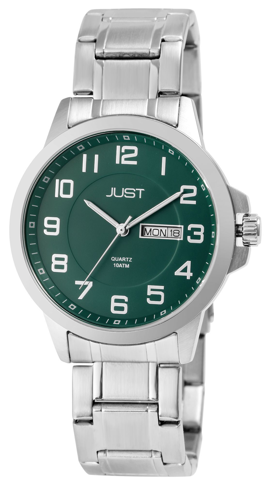 Just Herrenuhr mit Edelstahlarmband, 10 ATM, silberfarben/grünes ZB