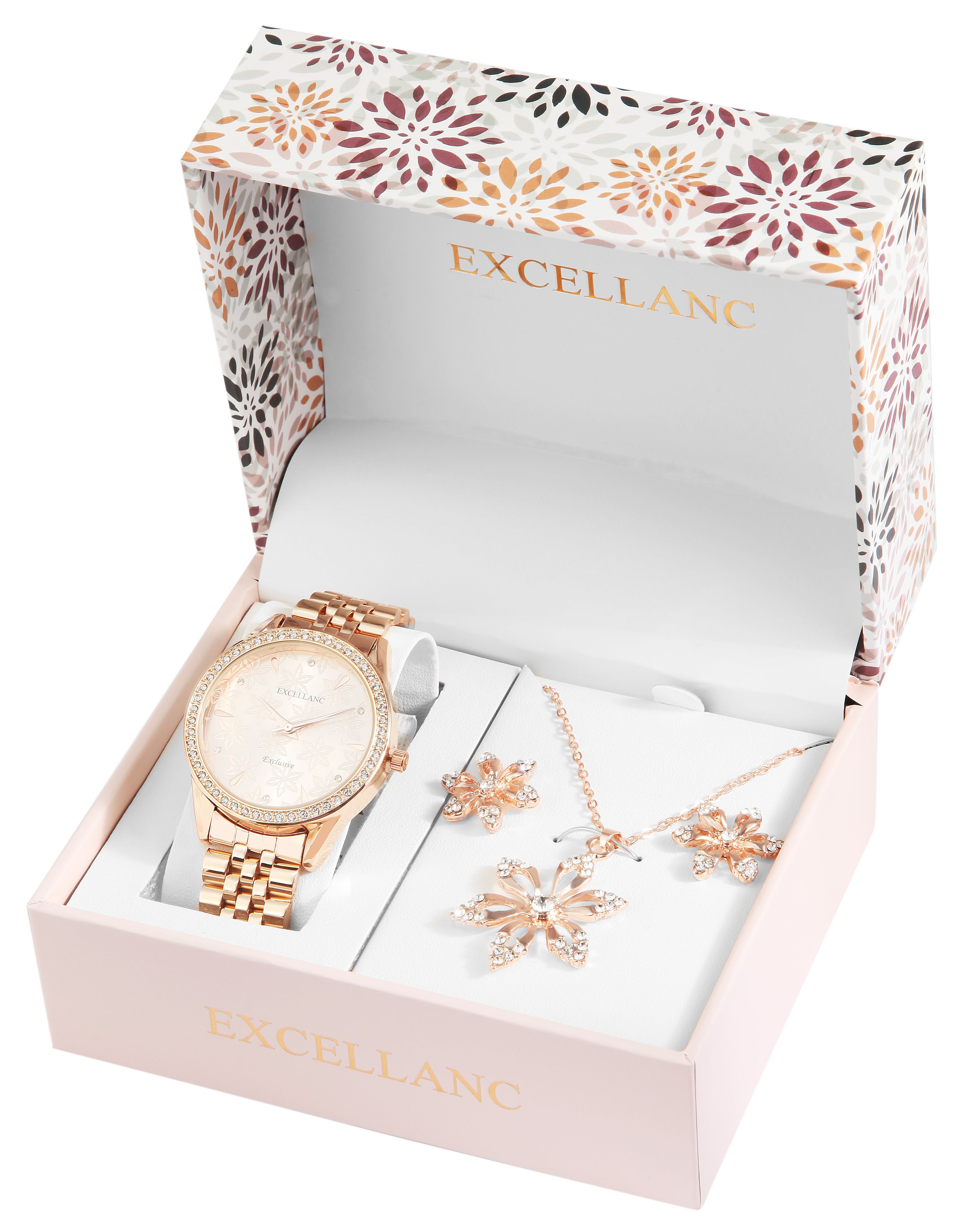 Excellanc Geschenkset mit Damenarmbanduhr, Halskette und Ohrringen, roségoldfarben