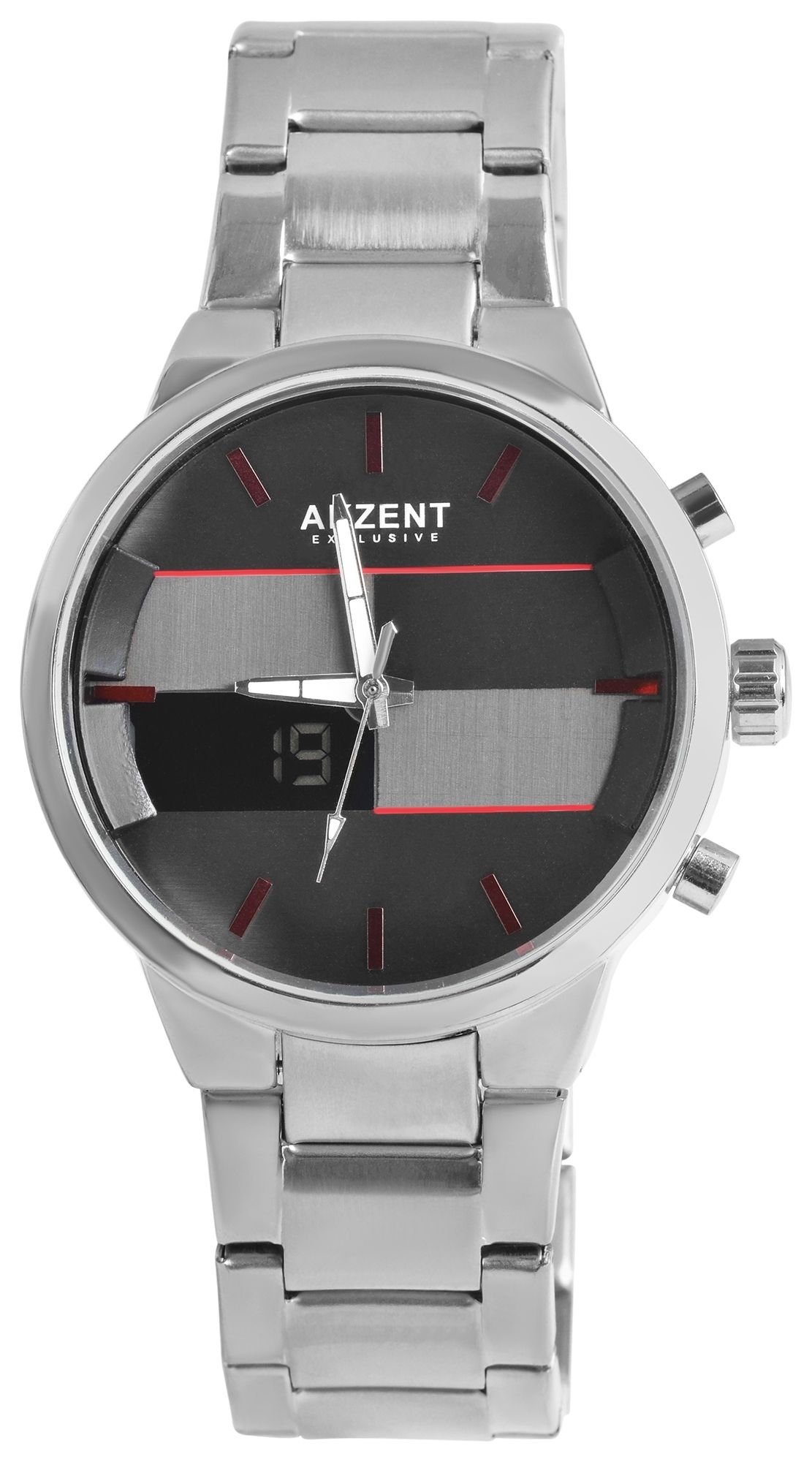 Akzent Exclusief herenhorloge met roestvrijstalen armband, analoog en digitaal, zilverkleurig
