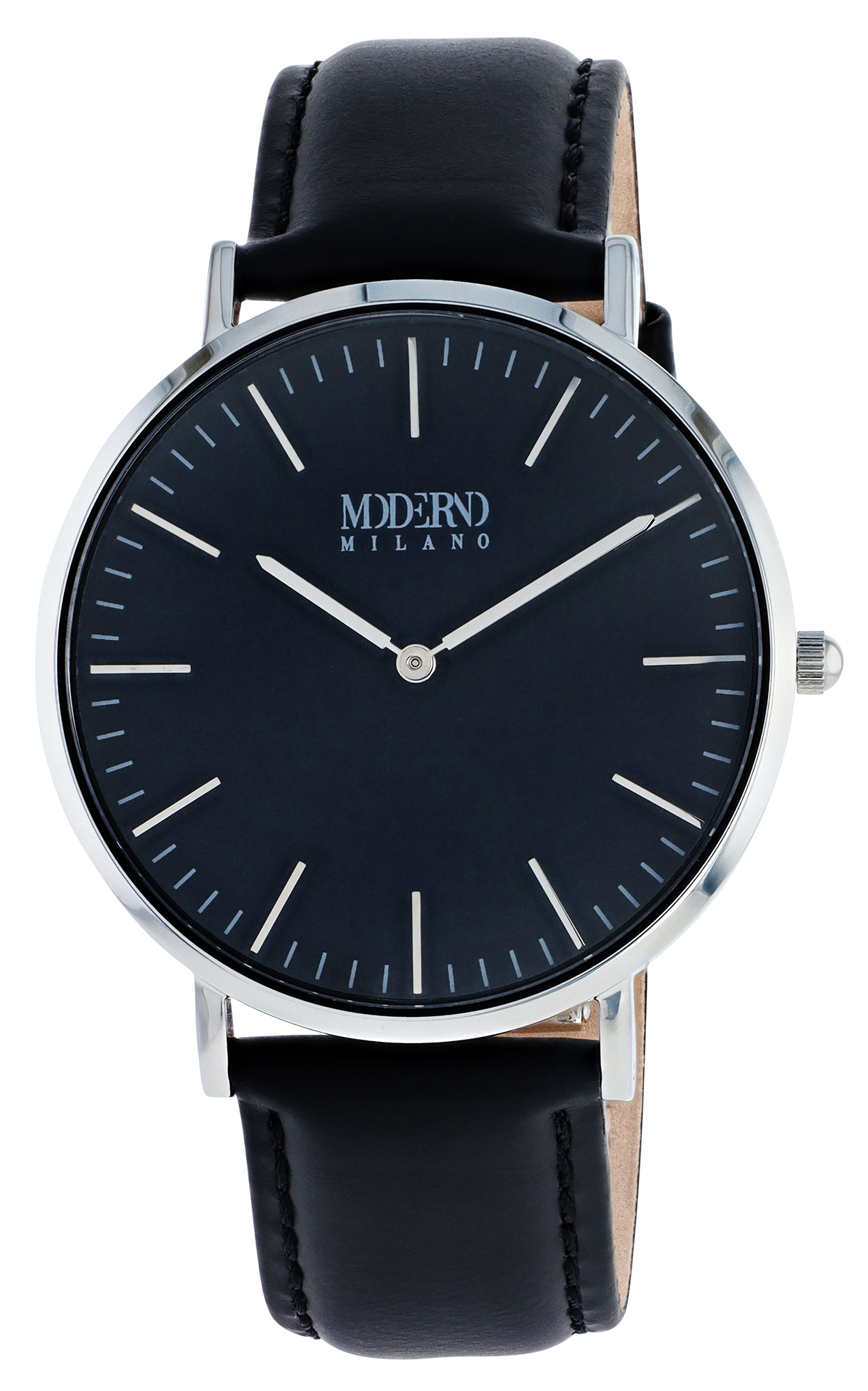 Moderno Milano Edelstahl Herrennuhr Ø 41 mm, Echtlederband, Saphirglas, schwarz/ silberfarben