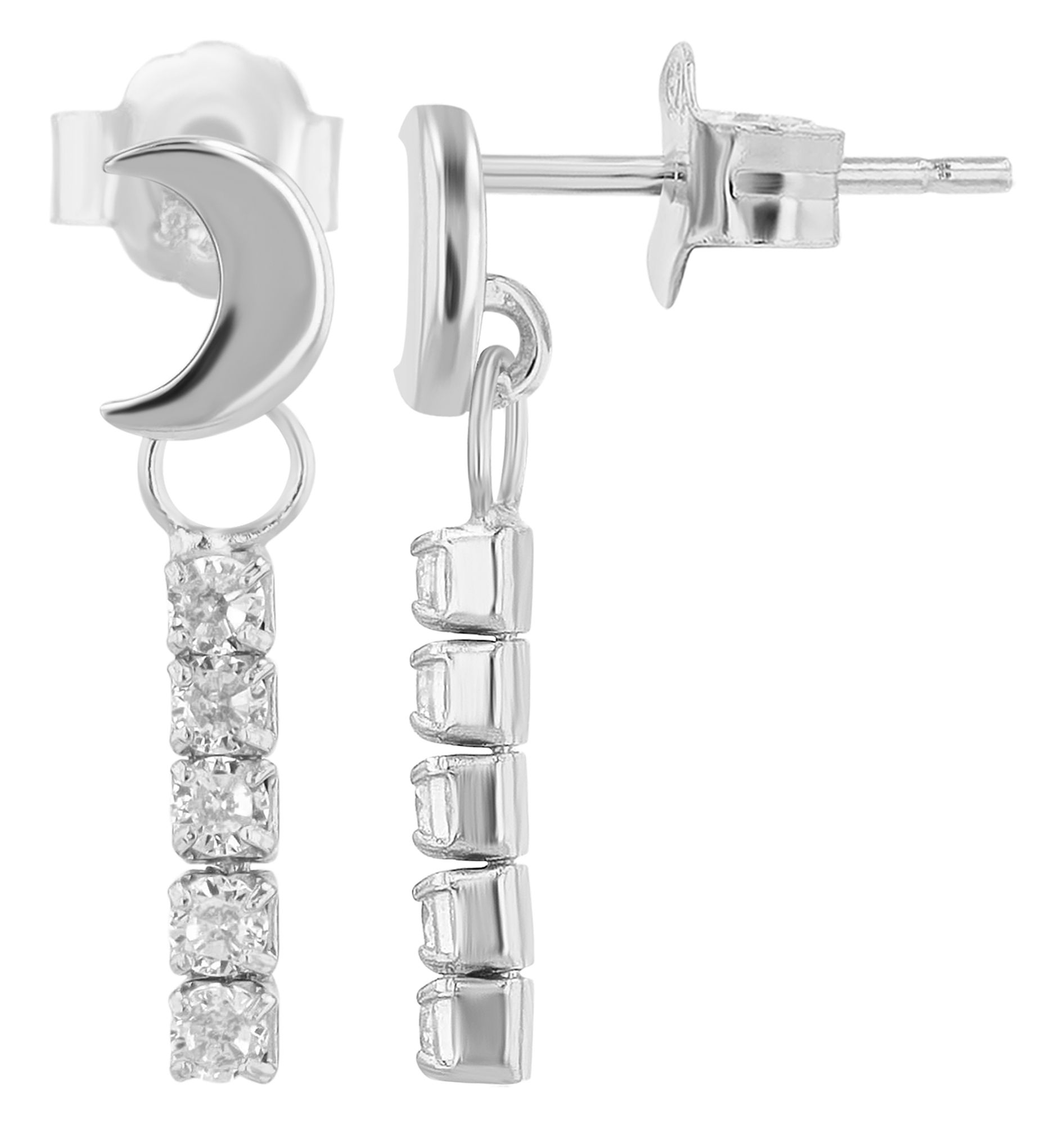 "Nevana" 925/- echt zilver, maan oorbellen met hanger, zirkonia, zilverkleurig gerhodineerd