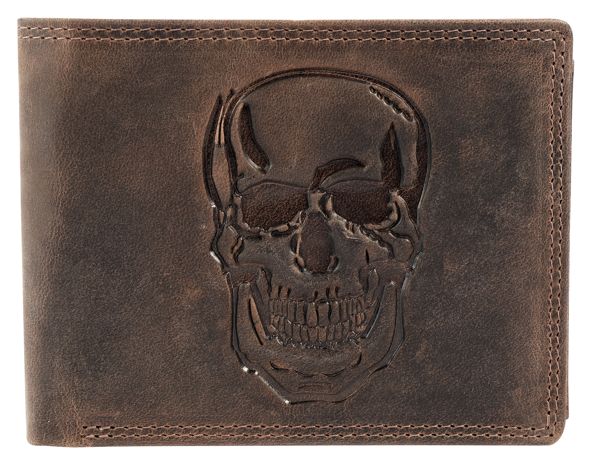 Akzent Echt Leder (Hunter-Leder) Geldbörse, RFID, Querformat, "Totenkopf", dunkelbraun