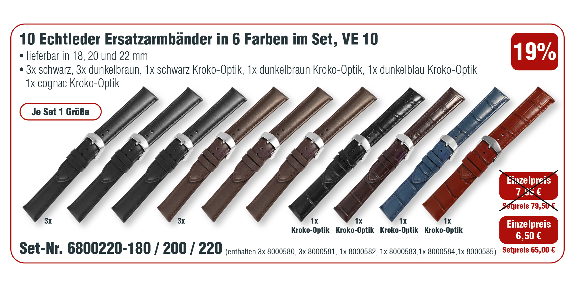 10 vervangende horlogebandjes van echt leer in 6 kleuren in een set, PU 10