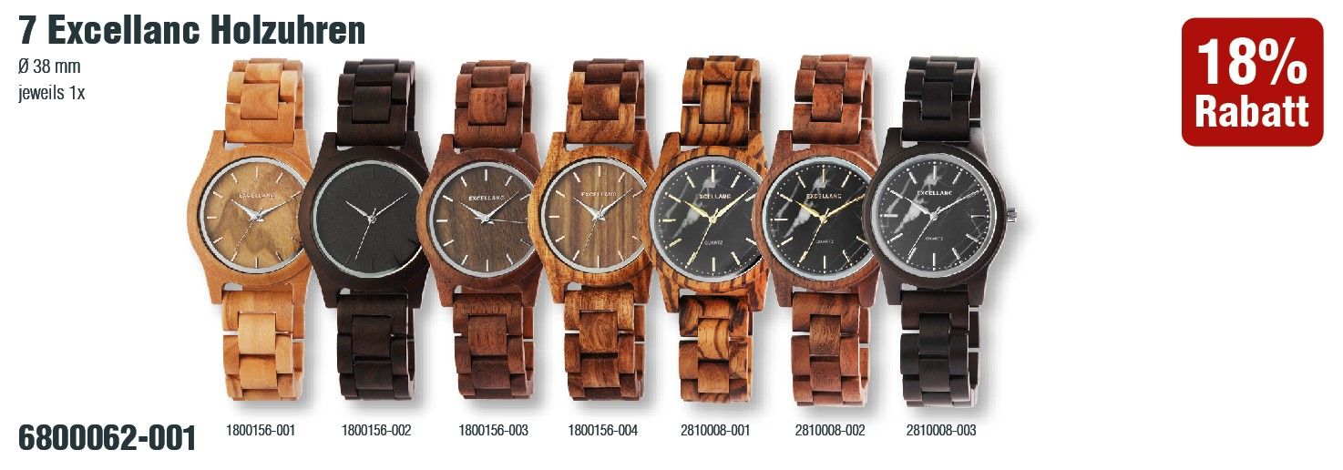 Excellance houten klokken, 7x assorti, 18% prijsvoordeel