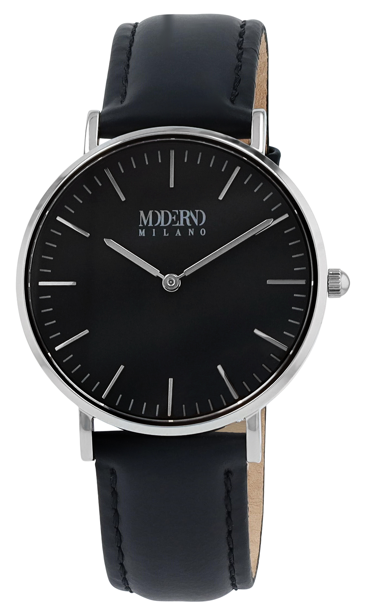 Moderno Milano Edelstahl Damenuhr Ø 36,5 mm, Echtlederband, Saphirglas, schwarz/ silberfarben