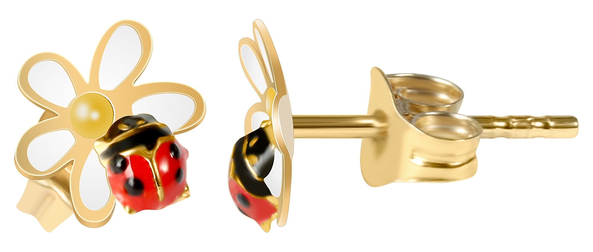 333/- Gold "Florina" Ohrstecker, Marienkäfer auf Blume, Emaille, Gelbgold, 8 Karat, Kinder