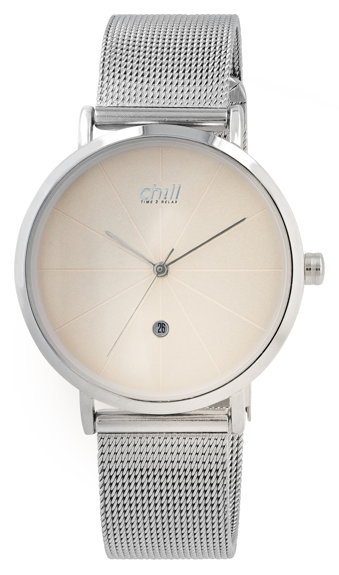 Chill, Damenuhr, Edelstahl Meshband/ Milanaise-Band, Ø 34 mm, silberfarben/ beige