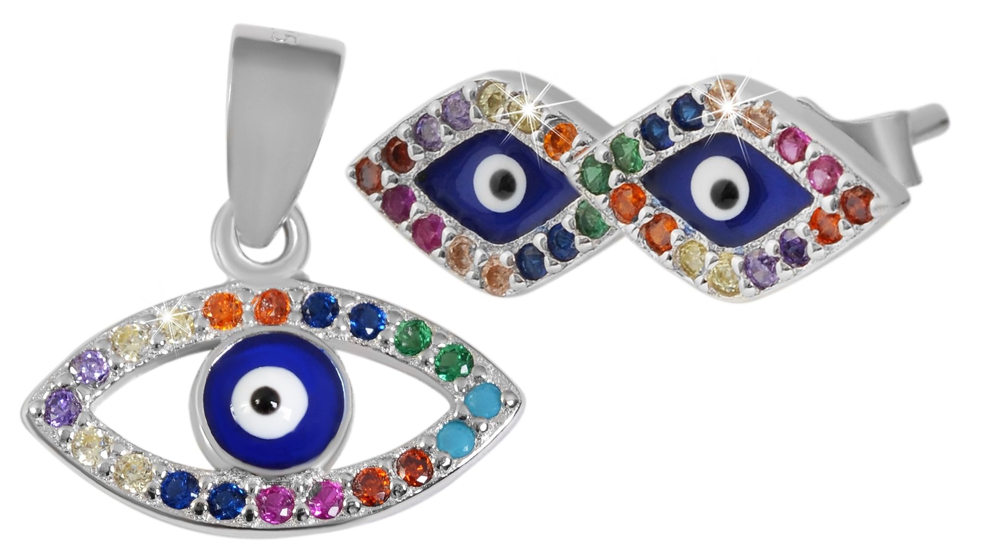 925/- Echt Silber Schmuck Set blue-eye Anhänger & Ohrstecker mit bunten Zirkonia