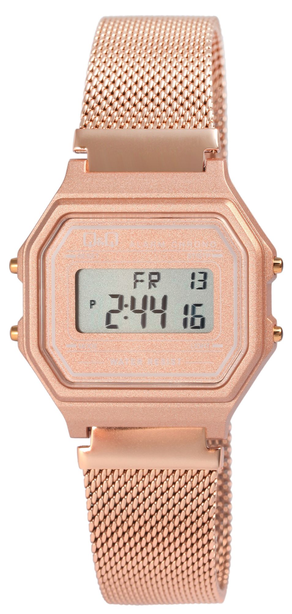 Q&Q Digitaluhr für Damen, Milanaisearmband, Edelstahl, 3 bar, roségoldfarben