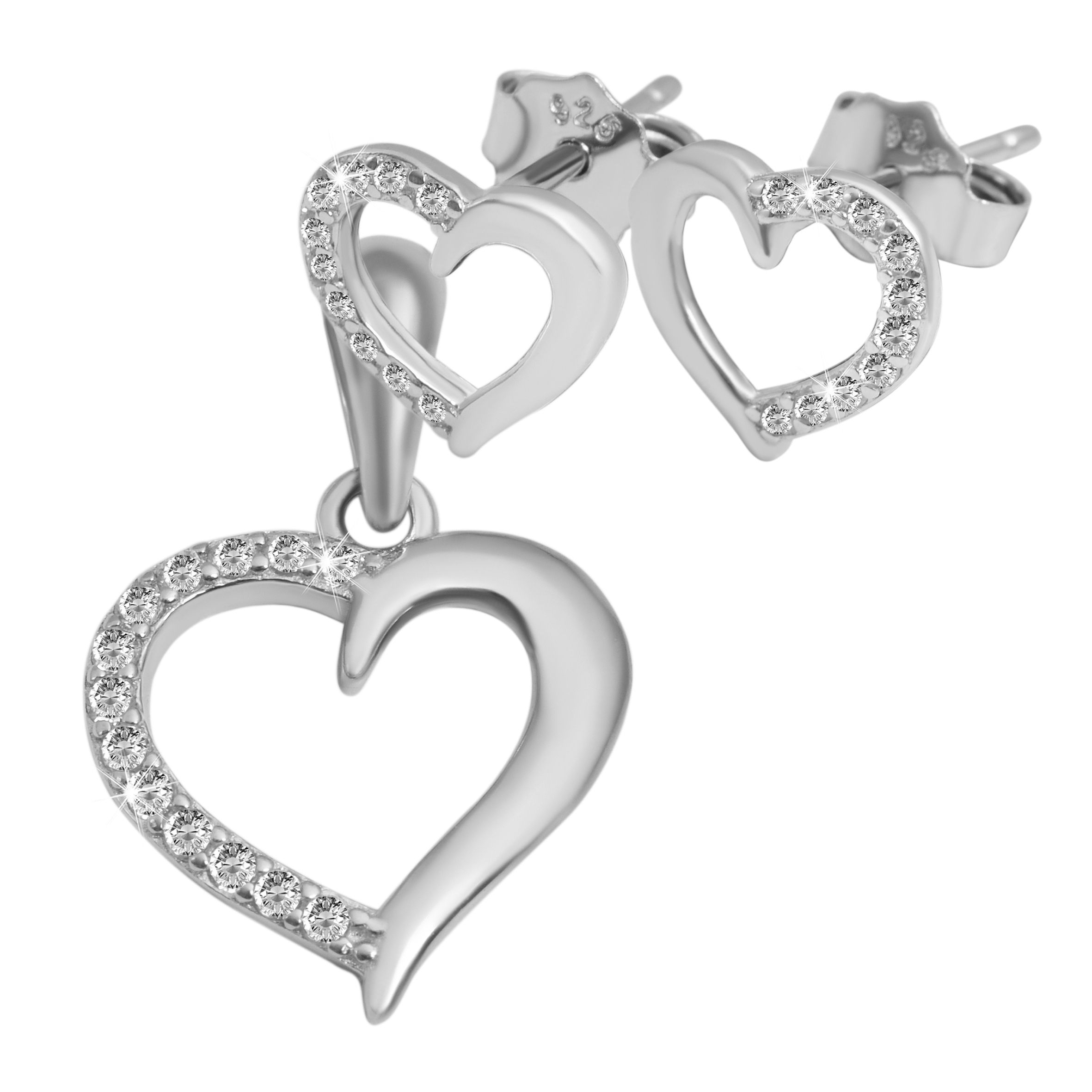 "Kasota" 925/- Echt Silber rhodiniert, Schmuckset mit Ohrringe und Anhänger, Herz, Zirkoniabesatz