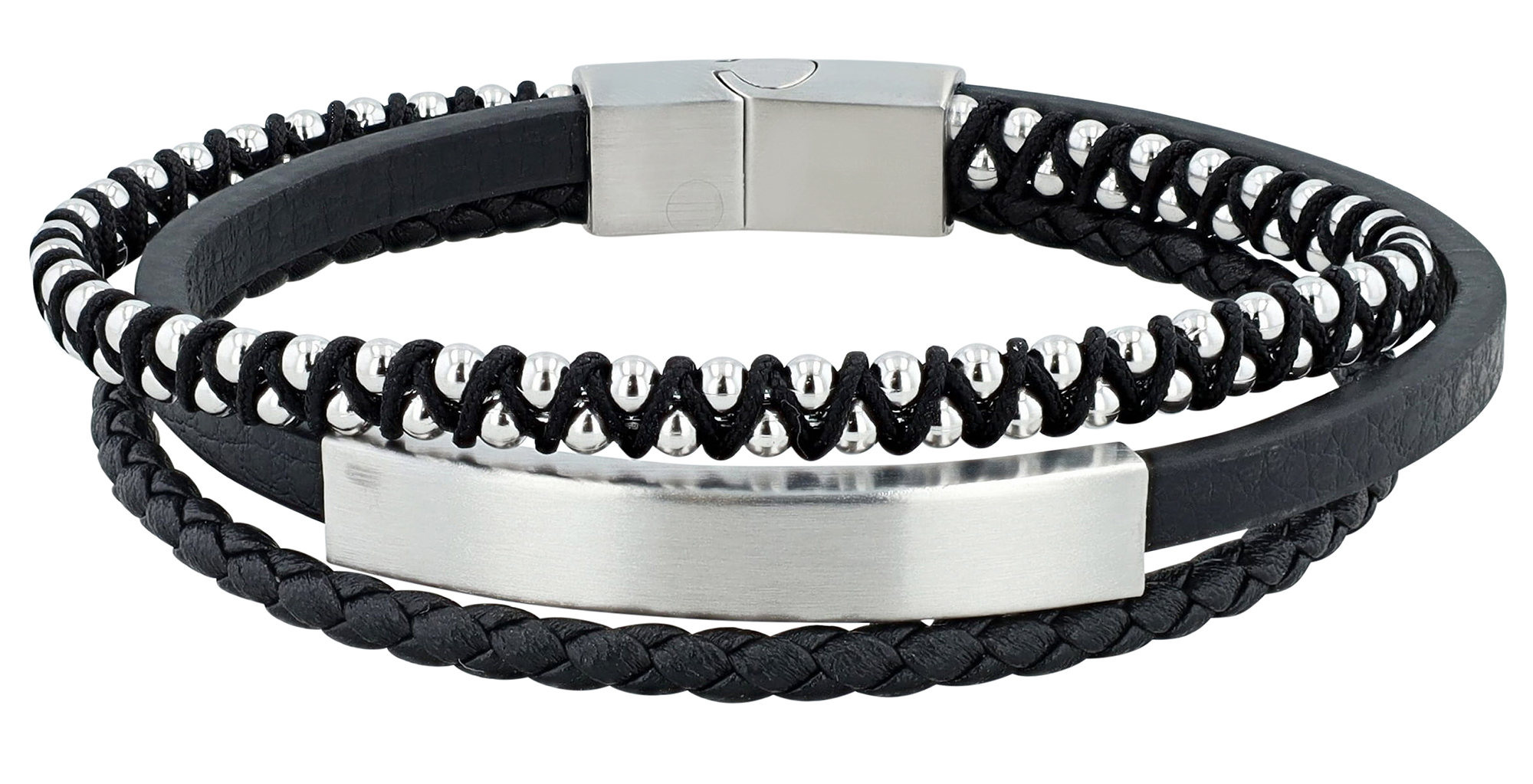 Accentarmband met graveerplaatje van echt leer en roestvrij staal, zwart/zilverkleurig