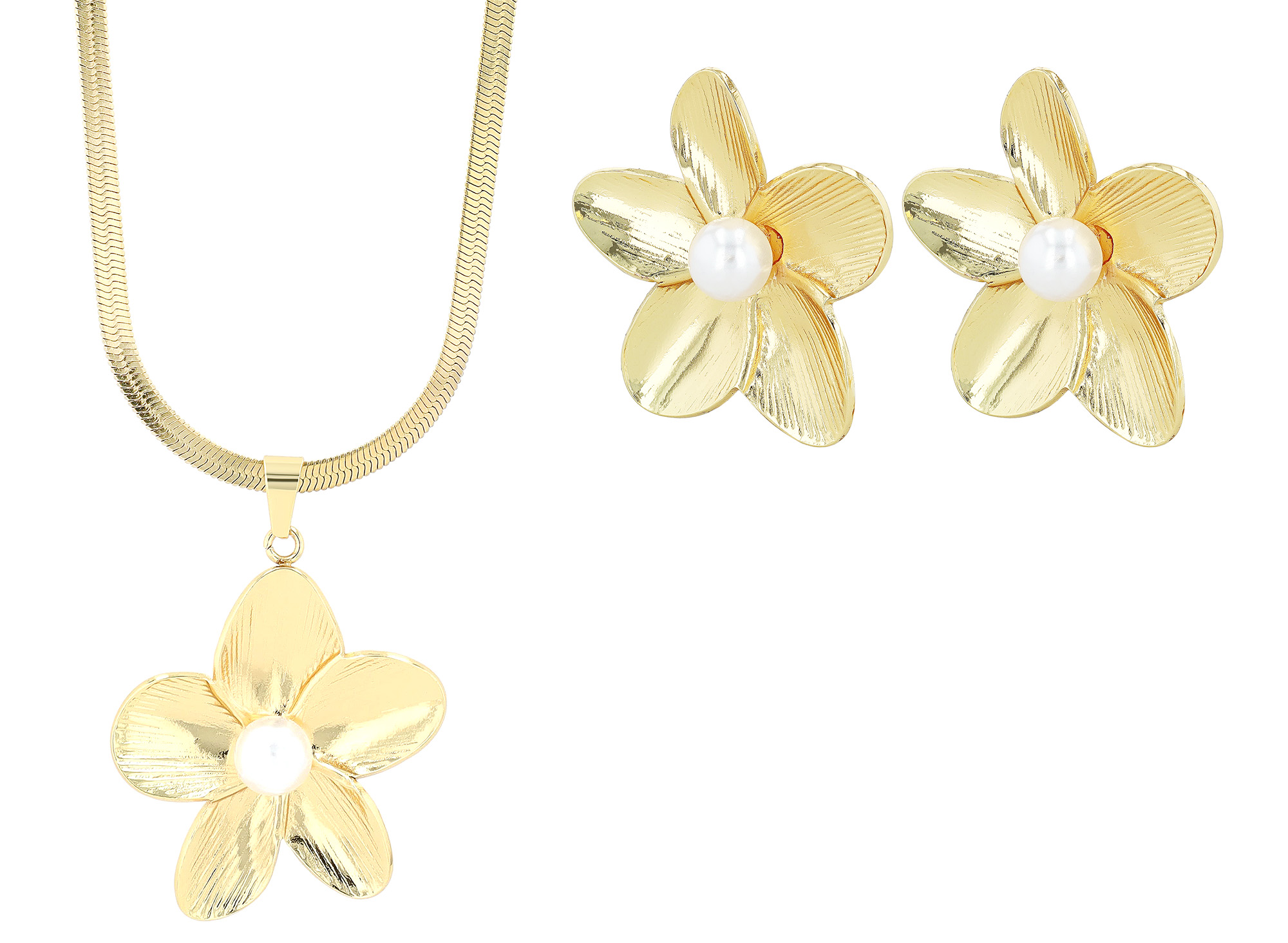 "Lurdes" Statement Schmuckset - Kette/ Anhänger/ Ohrstecker - Blüte Edelstahl, goldfarben