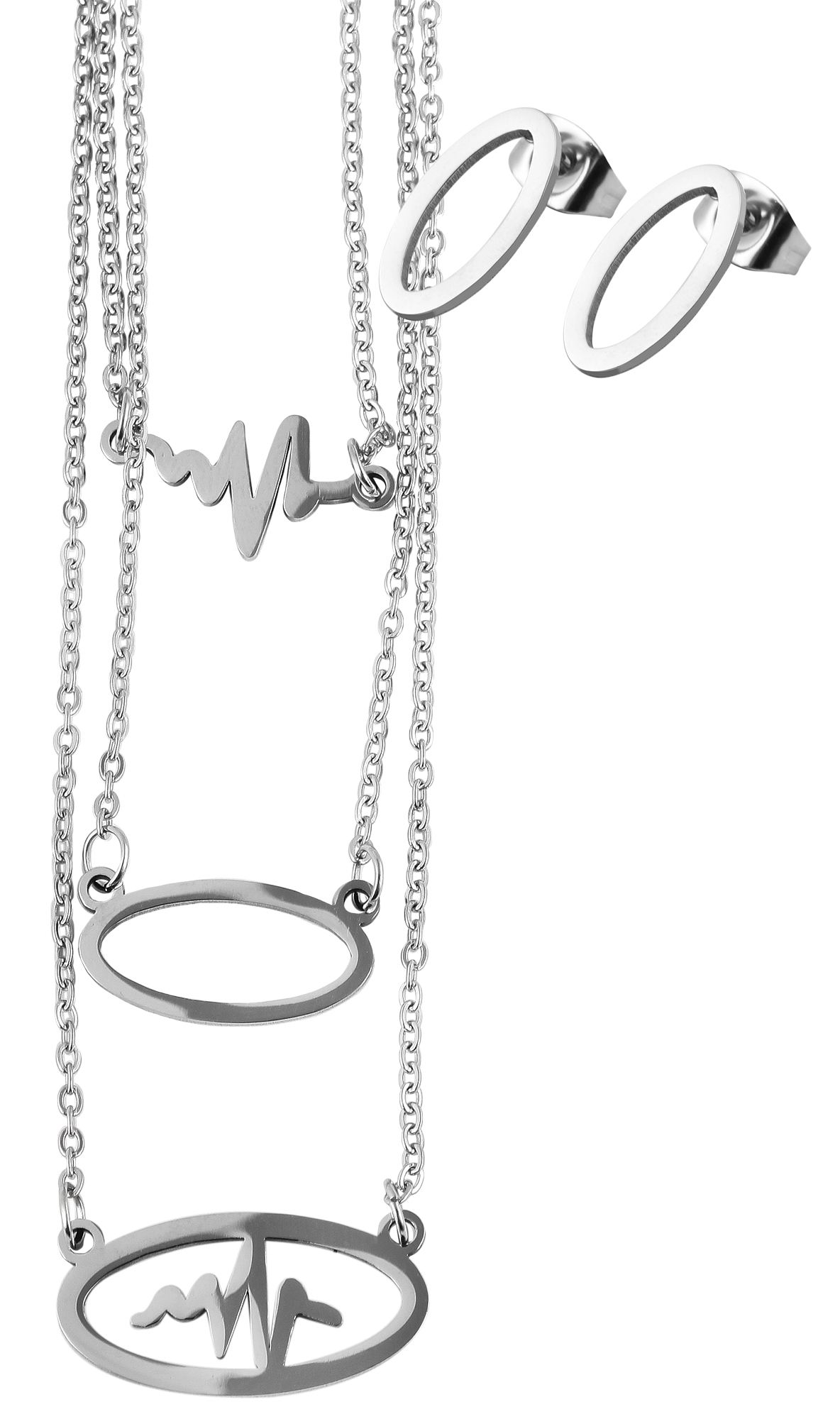 Edelstahl Schmuckset, Kette mit Anhänger + Ohrringe, mehrreihig, Herzschlag, silberfarbig