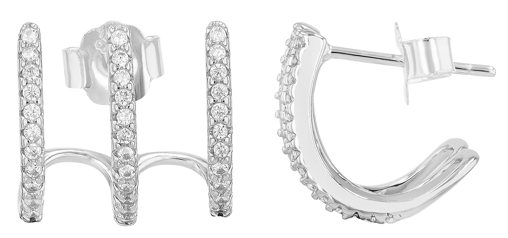 "Eli" 925/- echt zilveren driedubbele halve hoepel oorbellen met knop, zirkonia, zilverkleurig, gerhodineerd