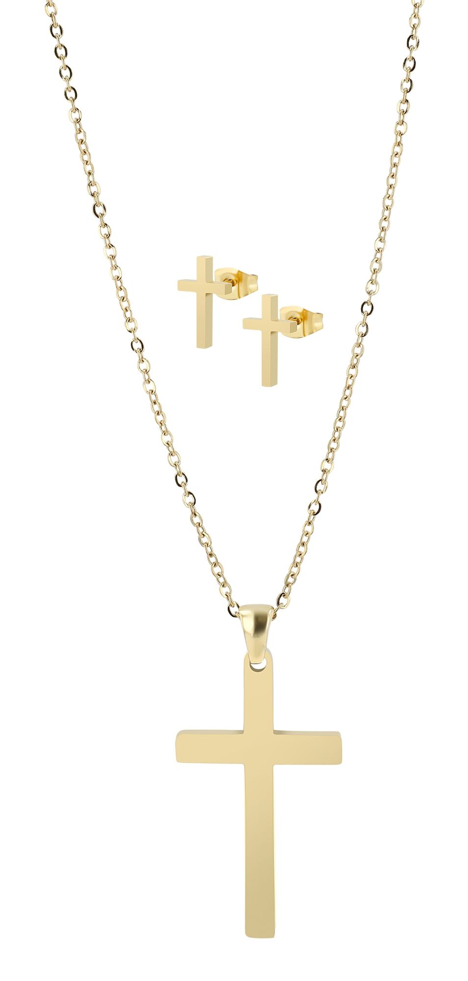 "Monali" roestvrijstalen sieradenset - ketting &amp; oorbellen - kruis, goudkleurig