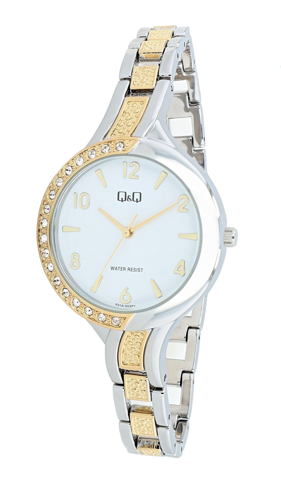 Q&Q Damenuhr, Edelstahlband, Similibesatz, bicolor (silberfarben/ goldfarben), 3 ATM, Ø 34 mm