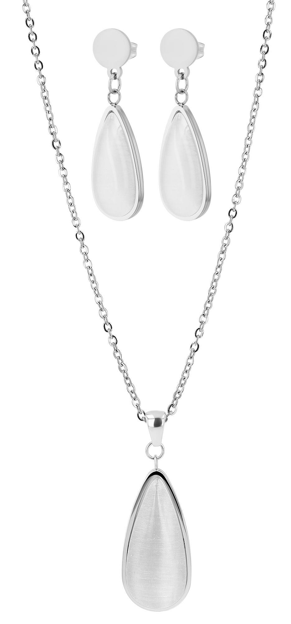 "Thalia", Akzent Edelstahl Schmuckset mit Katzenauge, Halskette und Ohrhänger, silberfarben