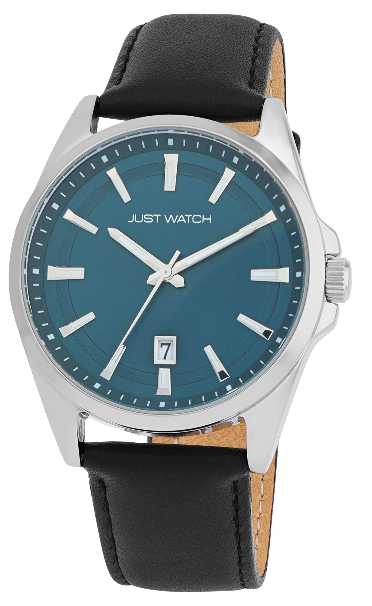 JUST WATCH Herrenuhr "Jona" mit Echt Lederband, Ø 42 mm, 5ATM, schwarz/ silberfarben/ petrol