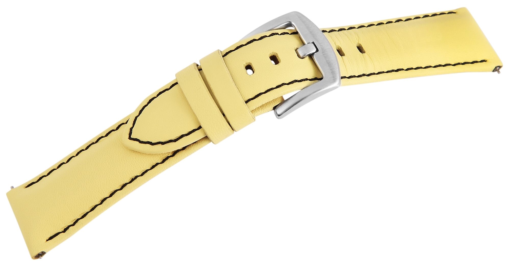 Echt leren horlogeband, geel, zwarte stiksels, 22 mm