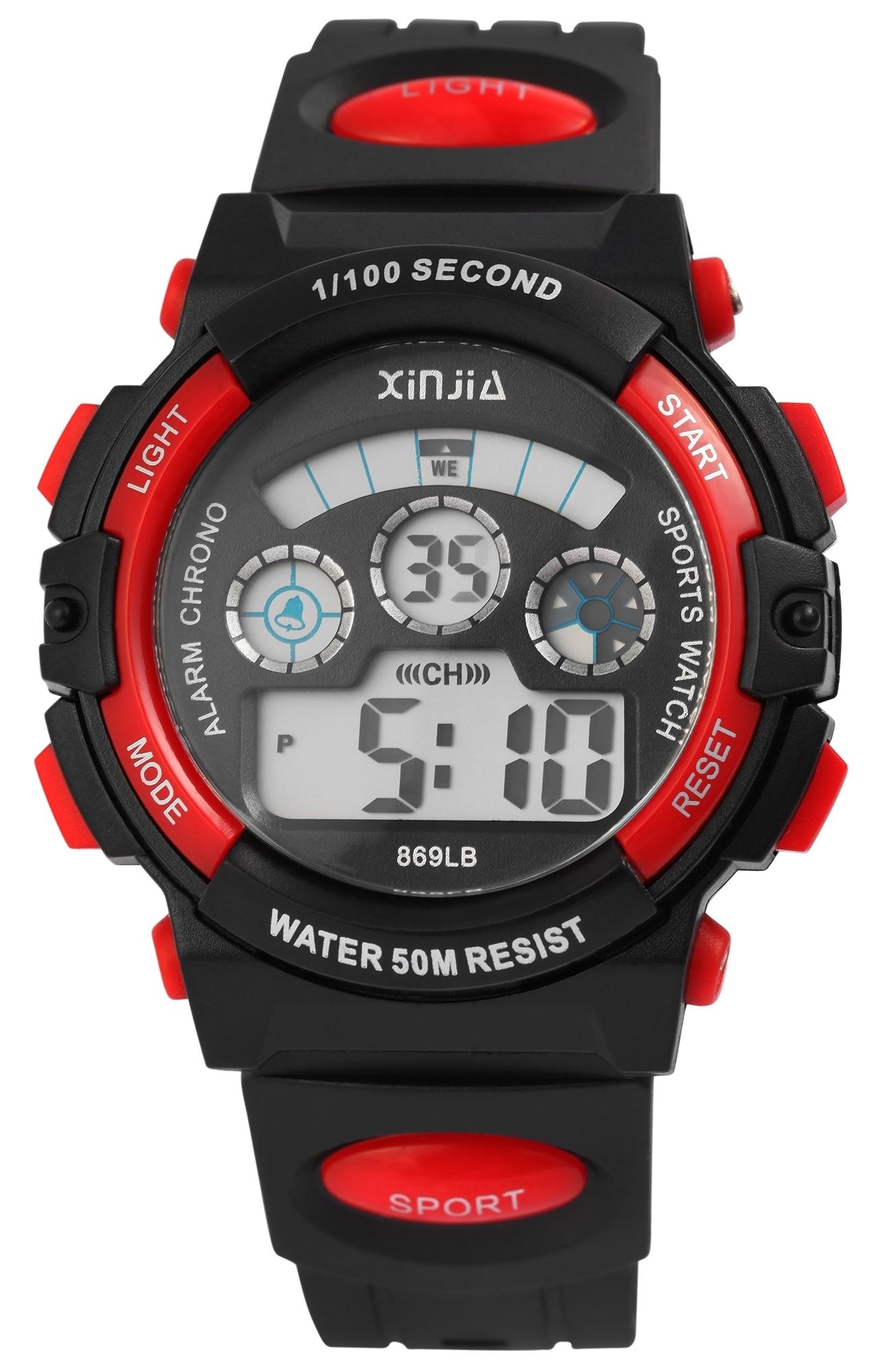 Xinjia digitaal horloge met siliconen band in zwart/rood