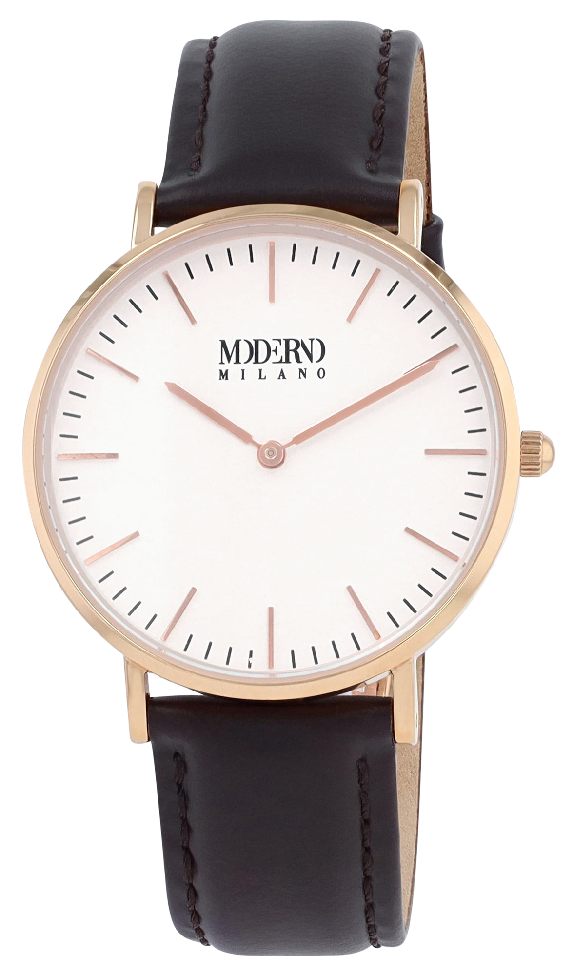 Moderno Milano Edelstahl Damenuhr Ø 36,5 mm, Echtlederband, Saphirglas, dunkelbraun/ rosegoldfarben