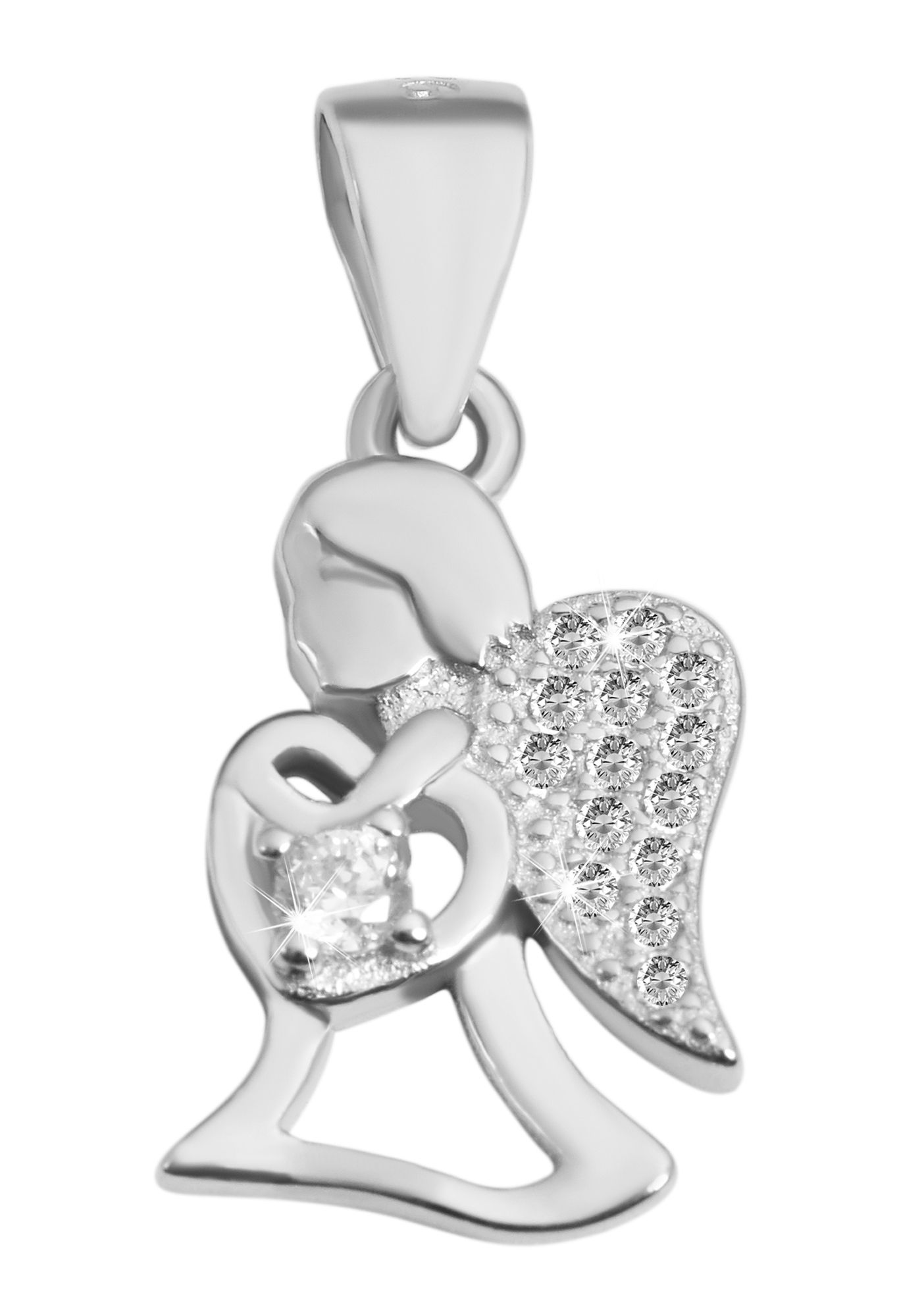 925/- echt zilveren hanger zonder ketting "Beheshta", engel met hart en zirkonia zetting, 925/gerhodineerd