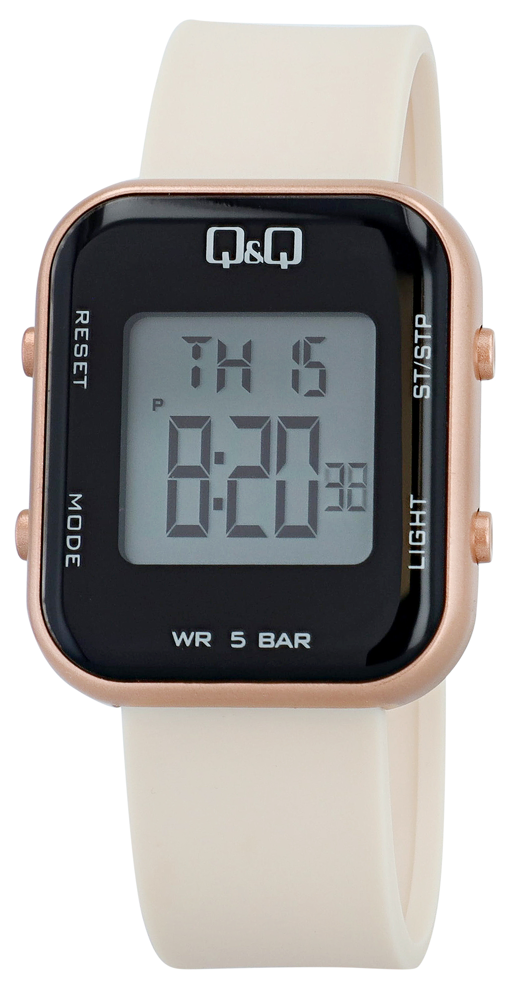 Q&Q Unisex Digitaluhr, Kunststoff, Resinband, creme/roségoldfarben, 5 ATM, 40 x 34 mm