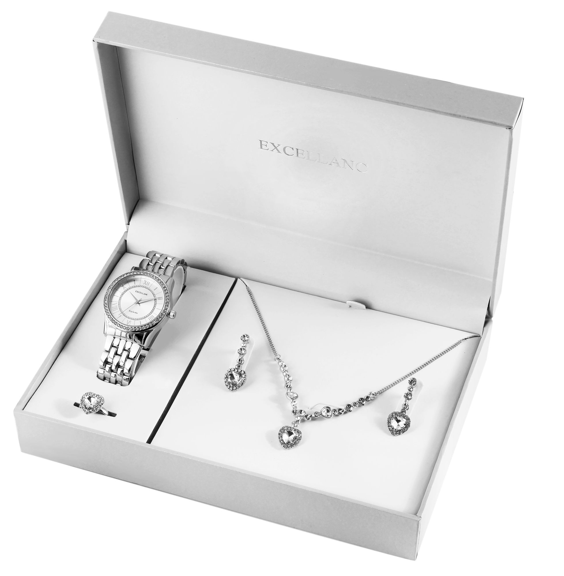 Excellanc dames geschenkset met horloge, ketting, ring en oorbellen, zilverkleurig/wit