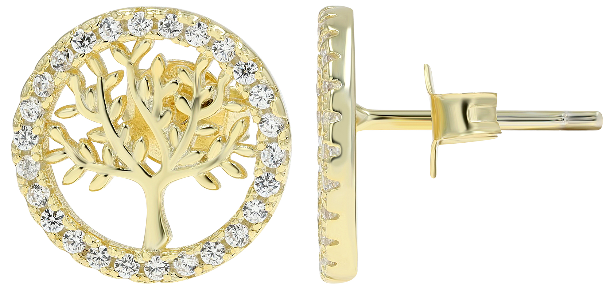 925/- Echt Silber Ohrstecker "Minel" Lebensbaum mit Zirkoniabesatz, vergoldet