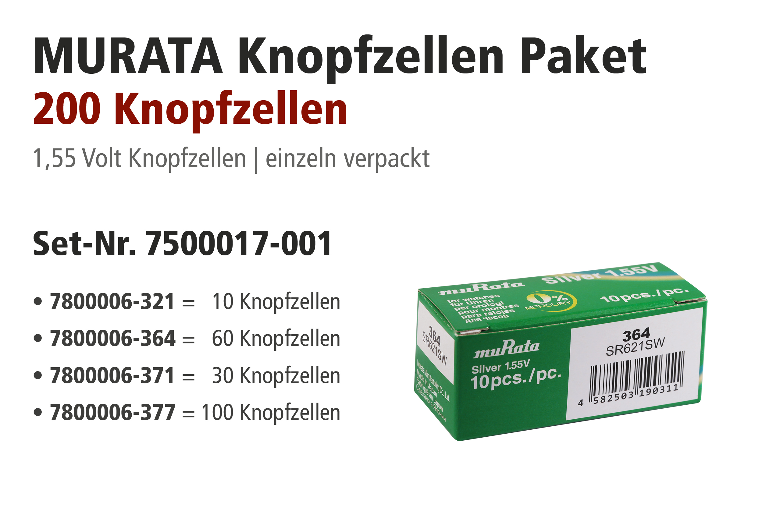 MURATA Aktionspaket Knopfzellen mit 321er, 364er, 371er, 377er