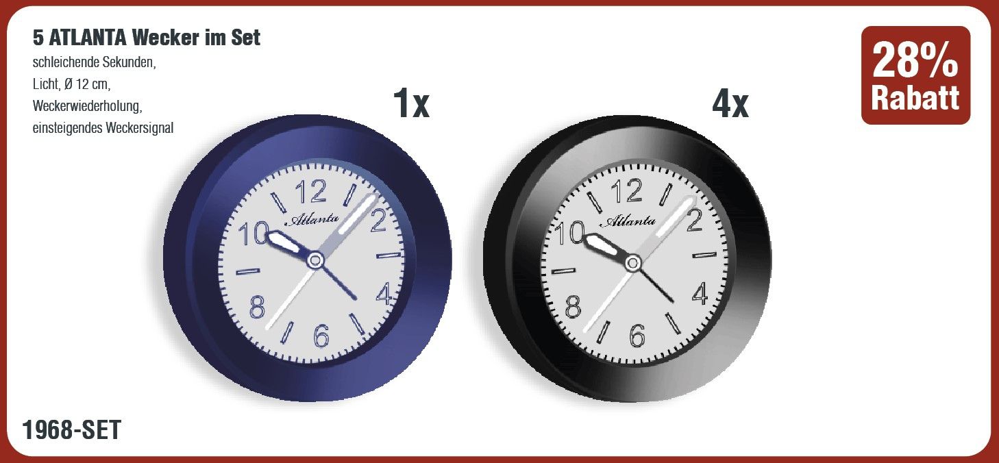 Kwarts wekker, kruipende seconde, repeater, licht, crescendo, ø 12 cm, 5 stuks, 4x zwart, 1x blauw