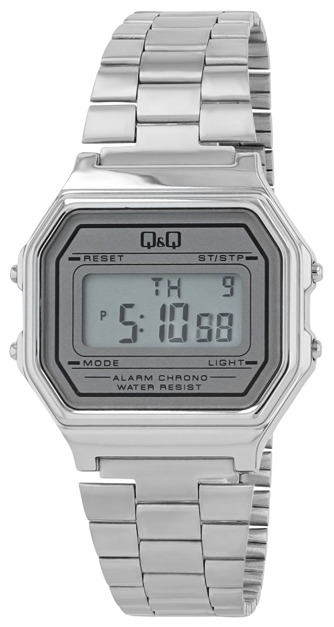 Q&amp;Q LCD-digitale horloge voor heren/jongeren, roestvrijstalen band, zilverkleurig