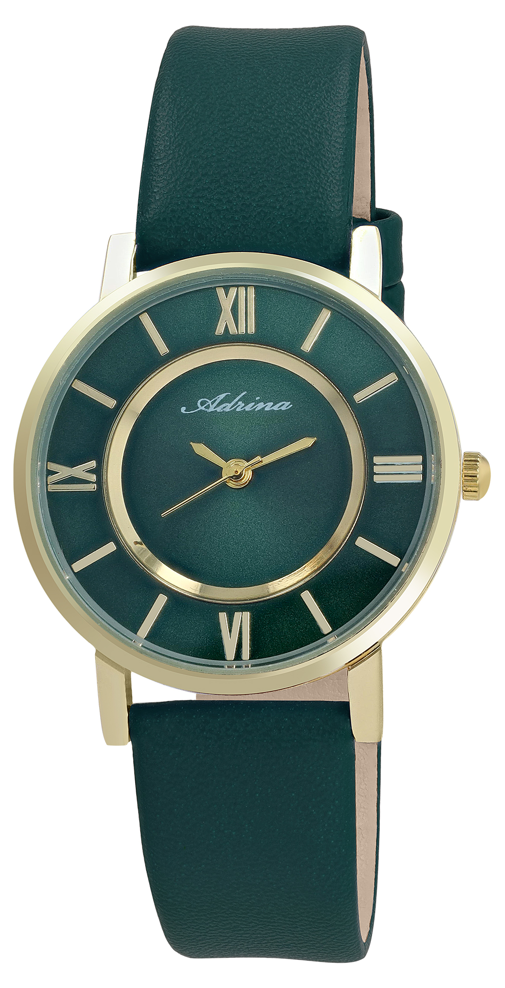 Adrina Damenuhr mit Lederimitationsband, Ø 32 mm, grün/ goldfarben
