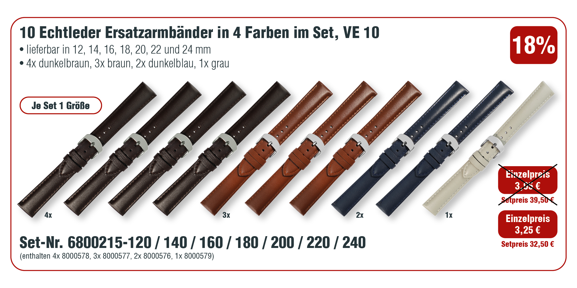 10 vervangende horlogebandjes van echt leer in 4 kleuren in een set, PU 10