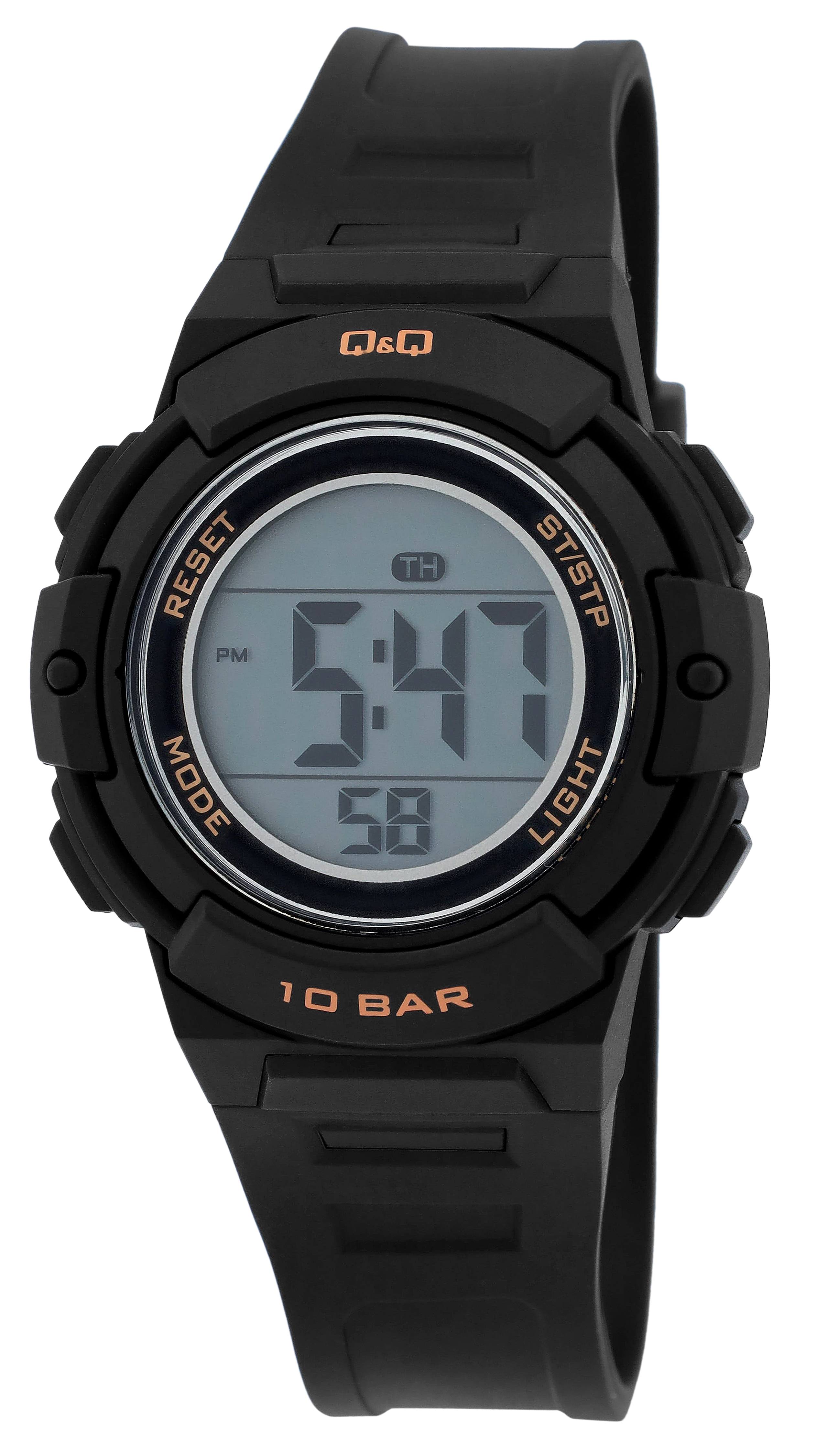 Q&Q Digitale Herren- & Jugenduhr, Resinband Ø 36 mm, 10 ATM, schwarz