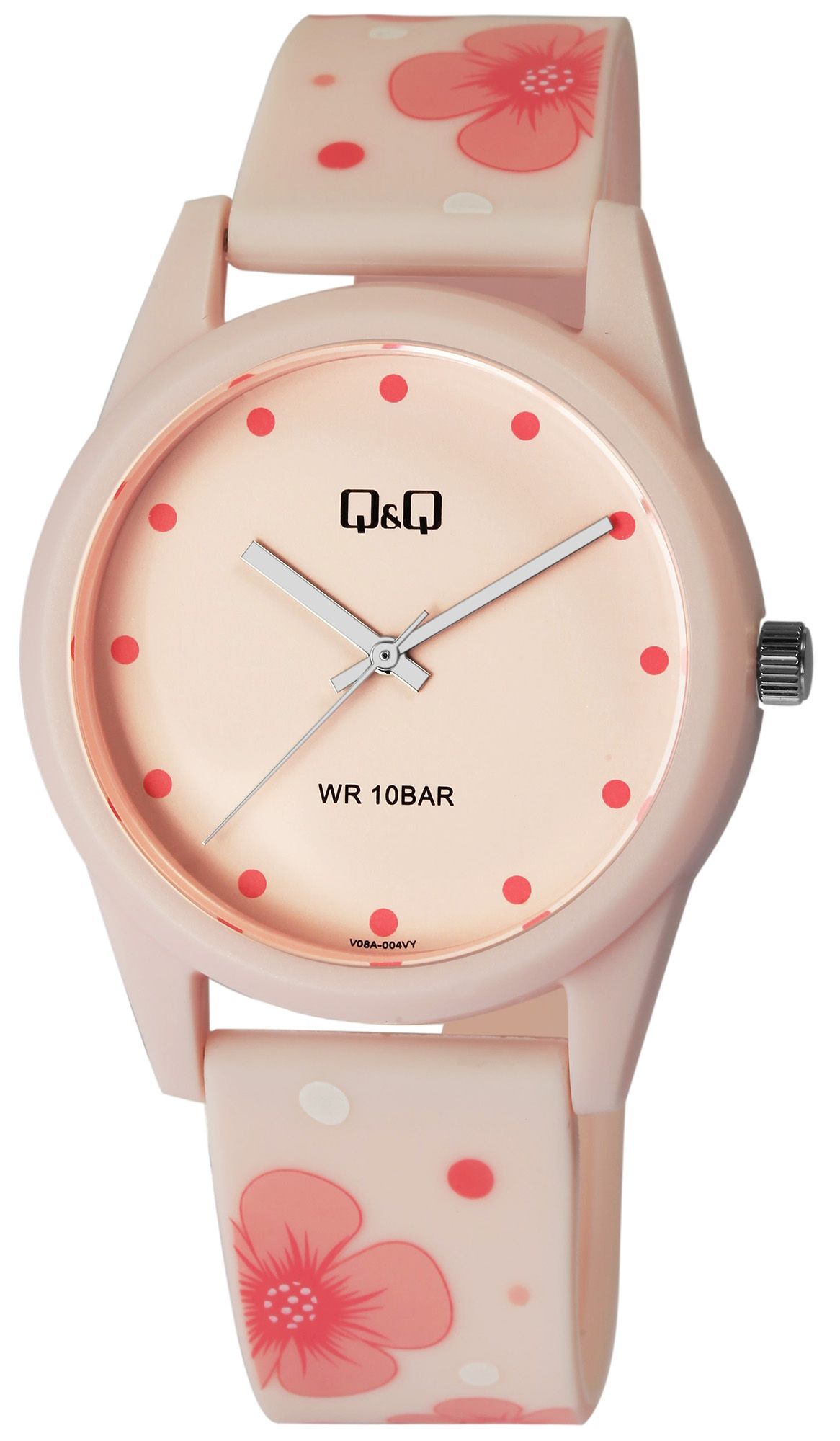 Q&amp;Q dameshorloge met siliconen band, Ø 39 mm, roze/bloemmotief